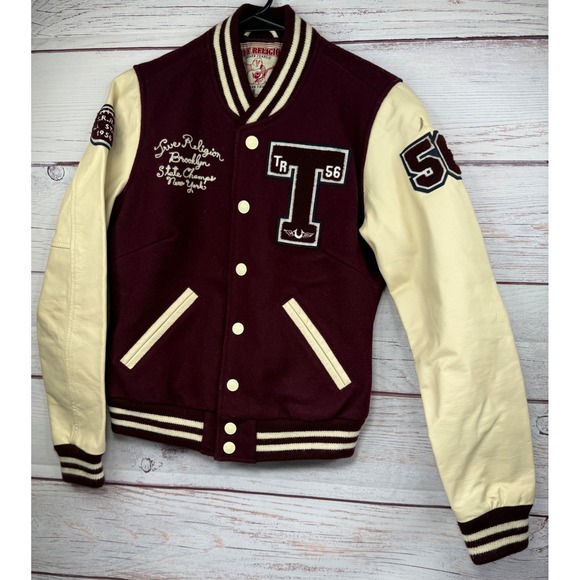 True Religion Other - True Religion Richie Varsity Jacket Burgundy Leather Wool Letterman Mens XS